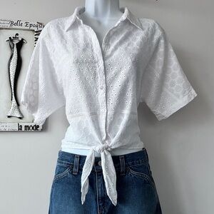 Laundry White 100% Cotton Eyelet Tie Front Crop Button Up Top Size S